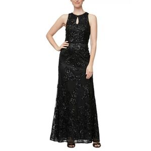 Alex & Eve black floral sequins gown long keyhole sleeves size 16